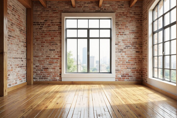 Empty room with big window in loft style. Wooden floor and brick wall in a modern interior. 3D render.