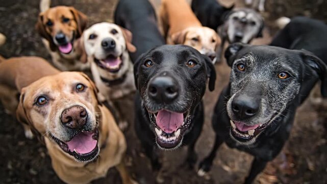 A crowd of adorable dogs eagerly looking up at the camera, their happy expressions shining through in a heartwarming display of canine affection.