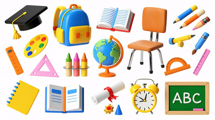 Colorful school supplies collection for back to school ads, education, and teaching projects, learning tools