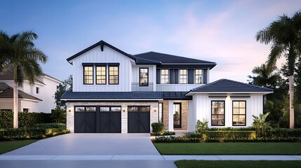 Beautiful modern farmhouse exterior with white siding, black roof, and lush landscaping
