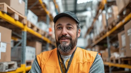 Warehouse employee smiles in front of shelves stocked with boxes, showcasing a safe working environment and dedicated professional in the logistics industry.