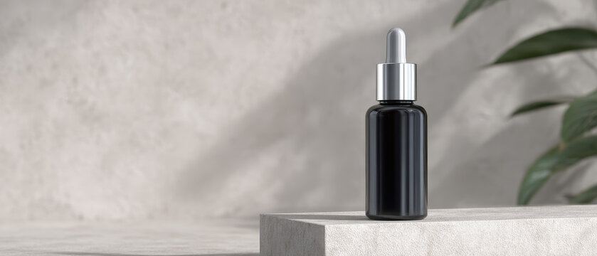 Dark dropper bottle with chrome accent on stone platform