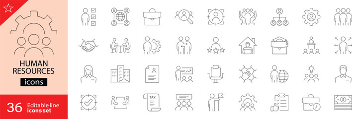 Set of outline icons related to HR, Human Resources, Recruitment, Employment, business, office, company, and management. Editable stroke. Vector illustration.