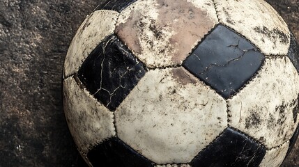 Closeup of a worn and weathered black and white soccer ball resting on rough surface