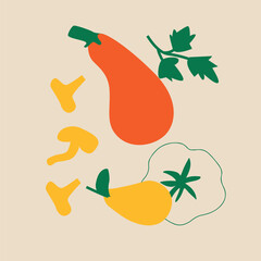 Abstract appetizing Vegetables collection. Decorative abstract horizontal banner with colorful doodles. Hand-drawn modern illustrations with Vegetables, abstract elements. Cucumber, peas, pepper.	
