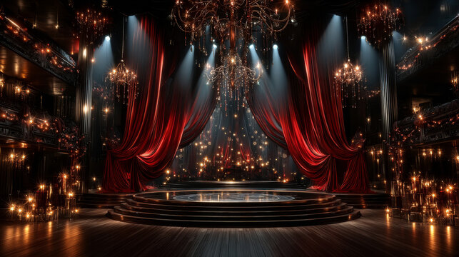 Theater festival cartoon poster with backstage red curtains and wooden scene with glowing spotlights and garland. Invitation flyer for theater or cinema show, entertainment concert Vector illustration - Powered by Adobe