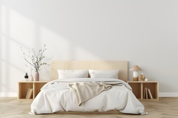Minimal bedroom wall mock up with wooden side table on wooden floor. 3d illustration. 