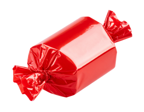  Angled Perspective of Red Hard Candy with Twisted Wrapper Ends, Isolated on Transparent Background