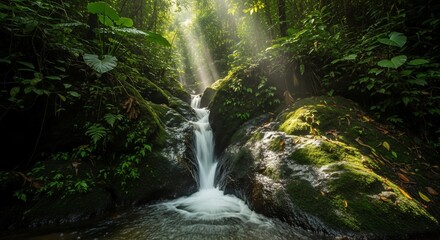 Obraz premium Waterfall flows through lush green forest with sunlight