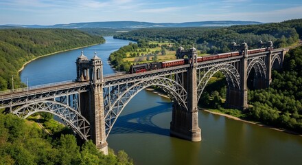Fototapeta premium Steam Train Crossing the Iconic Pontcysyllte Aqueduct Bridge in Wales