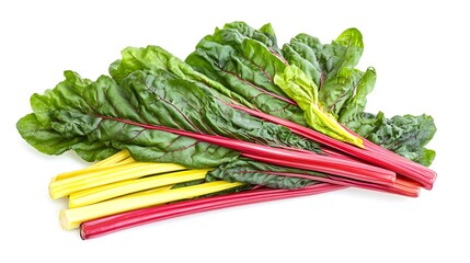 Freshly harvested swiss chard with colorful stems isolated on a clean white background
