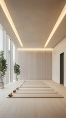 Modern yoga studio interior with mats, plants, and bright lighting for wellness