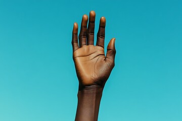 Open dark skin hand reaching toward a vibrant blue sky, palm facing forward