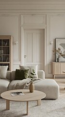 Neutral toned living room with beige sofa, round table, and decorative wall panels