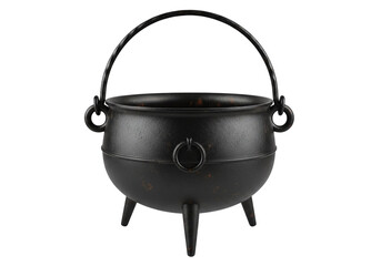 Black cast iron cauldron with handle and legs isolated on transparent background
