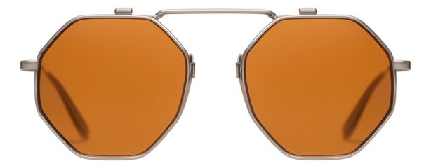 Hexagonal clip-on sunglasses with thin metal frame and amber lenses
