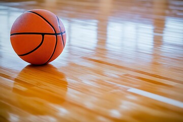 Orange basketball resting on shiny varnished hardwood court inside gym with natural light