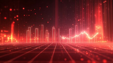 Red digital landscape with rising chart line and glowing bar graph elements futuristic