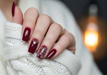 Naklejka premium Elegant burgundy nails with snowflake design for winter