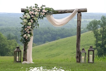 Rustic wedding arch with floral arrangement, fabric drape, lanterns, and hills backdrop