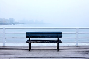 Solitary bench overlooking misty ocean and distant cityscape on a wooden pier