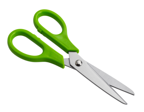 Angled Perspective of Office Scissors with Bright Green Handles, Light Gray Metal Blades, Isolated on Transparent Background