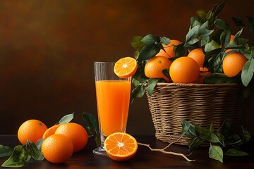 Still life with fresh oranges, leaves, basket, and a glass of orange juice