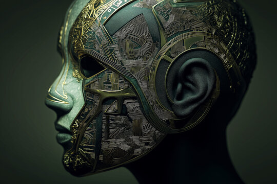 Cybernetic mask with embedded sigils, combining tribal tech patterns and gothic relic vibes, floating in a dark studio scene. - Powered by Adobe