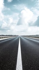 Straight asphalt highway leading into the distance under a bright cloudy sky, vertical shot