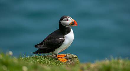 Colorful puffin bird perched on green grass cliff edge