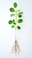Young plant seedling with green leaves and root system against a white background