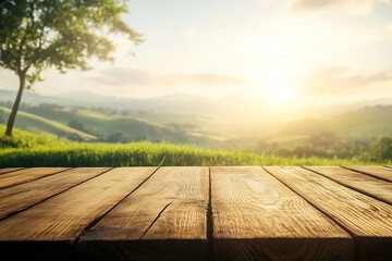 Wooden table with sunny farmland view, rustic planks and a scenic background