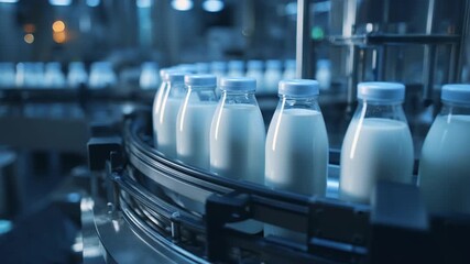 Bottles of fresh milk being conveyed along a conveyor belt in a food processing plant, highlighting efficiency and hygiene. Quality dairy production.