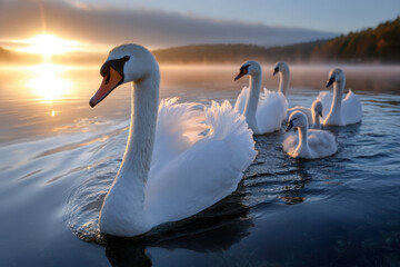 Fototapeta premium Swans glide through calm waters at sunrise, creating a serene morning glimpse