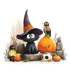 Whimsical Halloween Scene: A Cartoon Black Cat, Owl, and Pumpkins Celebrate the Spooky Season