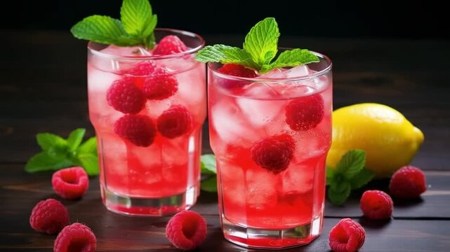 Refreshing raspberry lemonade with mint served in glasses for summer gatherings