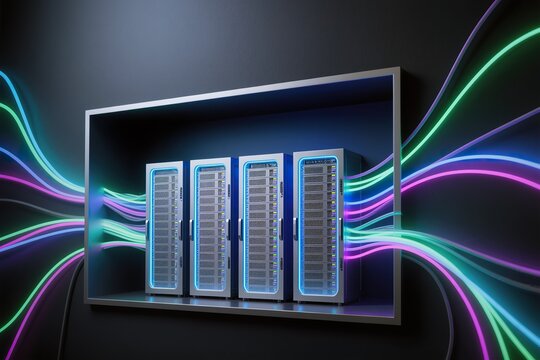 A surreal simple frame in dark wall shows server racks glowing, fiber-optic cables extending outward in neon light.