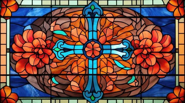 Colorful stained glass window featuring cross and flowers in a church interior