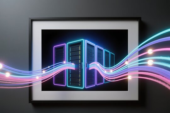 A surreal simple frame in dark wall shows server racks glowing, fiber-optic cables extending outward in neon light.