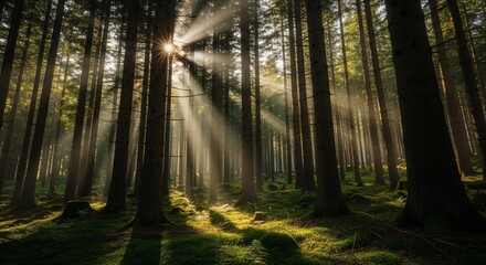 Obraz premium Sunbeams Piercing a Misty Forest Floor