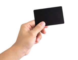 Angled Perspective of Hand Displaying Black Credit Card, Light Skin Tone, Isolated on Transparent Background