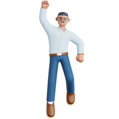 3D Rendered Cheerful Man Raising Arm Up in Celebration Character
