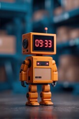 Fototapeta premium Time Management in Logistics Concept. A charming orange robot with a digital clock display stands in a warehouse, surrounded by shelves filled with boxes.