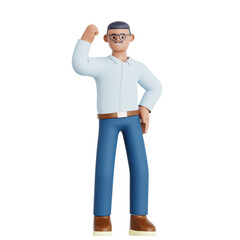 3D Render of Cartoon Style Mature Man with Success Gesture Character