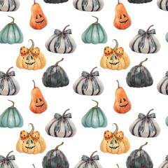Watercolor seamless pattern. Halloween print with pumpkins on white background