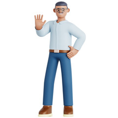 3D Rendered Cartoon Style Man Character Giving Stop Hand Gesture