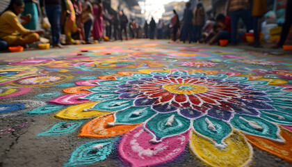 Fototapeta premium Holi. Colorful rangoli design on street with people n the background