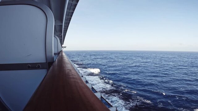 View from balcony of cruise ship on deep blue ocean
