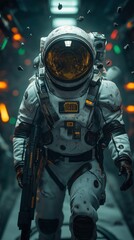 Futuristic astronaut in modern white space suit holding advanced weapon walking through illuminated sci-fi corridor with glowing lights perfect for gaming concept art and cinematic designs