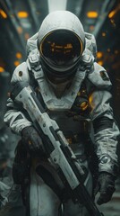 Obraz premium Astronaut in futuristic white armored space suit holding large rifle walking inside glowing sci-fi spaceship corridor with cinematic lights perfect for gaming artworks and science fiction posters